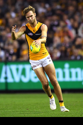 Jack Scrimshaw is one of a number of young Hawks who have shown enough to suggest they are 200-game stalwarts of the future for the club, still very early in the journey for the group to replace the hat-trick heroes of yesteryear. He is somewhat similar in style to the man whose old number he is wearing, as he shares Grant Birchall's body shape and also his ability to work on the outside with pinpoint accuracy by foot. Hawthorn have enough half back on their books that Scrimshaw may even be moved up to a wing at some point, making him an interesting keeper league asset.