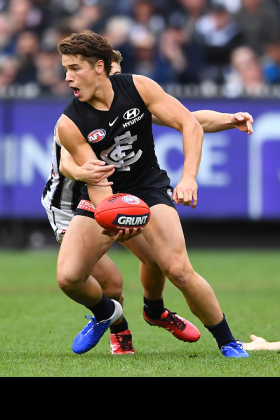 Liam Stocker has had a very long apprenticeship at Carlton despite being a high draft pick, spending a lot of time in the magoos as the coaching staff figured out what sort of player they wanted to mould him into. Rather than being a half back flanker it appears that his fate is going to be as a third tall defender, or somewhere between the two like Jake Kolodjashnij or Tom Jonas. His body shape is big enough to match it in the air with strong bodies, but at 184cm he just doesn't have the reach to go with the beanpoles. Is midfield his final destination? Dynasty league owners hope so.