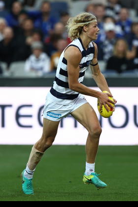  has suddenly been given a lot of responsibility at Geelong by being named at full back in just his second game, anointed as best 22 as a replacement for the retired Lachie Henderson. He has a lot of weight on his shoulders from fantasy coaches too, many of whom are starting him despite a fairly small sample size of performances at senior level. The big question is how startable he is, especially when Tom Stewart is in the side. Without Stewart he can play that intercept role, but Henderson's job was far more back-shoulder. Today's game will be closely watched.