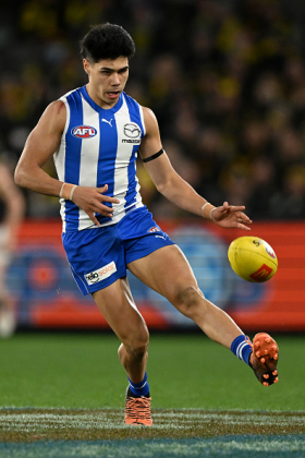 Paul Curtis has been forced into one of the worst positions in football: the small key forward. The last bloke to make it work was Phil Matera, mainly because he had excellent leading patterns, but those would probably get cut off today in the modern game. It is also a long time since Leigh Matthews would kick bags as a deep marking target. The advent of Toby Pink and Brynn Teakle as second and third talls in the North Melbourne attack has released Curtis to be a crumbing forward, resulting in two scintillating goals against the Dees. This is his best game.