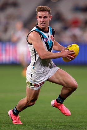 Jackson Mead is a small forward at Port Adelaide, which under long-time coach Ken Hinkley likes to rotate its smalls through midfield with centre bounce attendances. Not that Hinkley is alone on that score at this level, as there is always a need for more speed out of the contest rather than just plodding inside bulls, but Mead, Jed McEntee and even Willie Rioli last week are given more CBAs than their history suggests. His best work is done on the outside using his pace with and without the ball, but none of these Power rovers have enough quantity to excite fantasy interest.