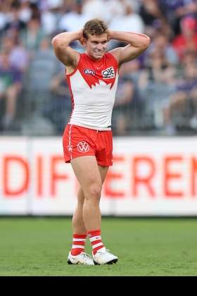 Angus Sheldrick has come back into the senior Swans side as part of the B-rotation of inside mids, which is better than sitting on the sidelines recovering from injury, but doesn't tend to lend itself to making any more than a fleeting impact on a game. Sydney has a host of stars in its A-rotation, and the recent return from injury of Errol Gulden will tend to crowd out Sheldrick even more in the short term. His job security is reliant somewhat on now much faith new coach Dean Cox has in Taylor Adams to perform his role, something which Taz has sucked at recently. A fringe player for now.