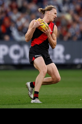 Lachie Blakiston is one of a decent number of inexperienced Bombers to front up for the senior side tonight, albeit the club has a wealth of experience on their list even if they can't get them all on the park due to a rash of soft tissue injuries. Blakiston's debut run  has been as a defensive spine player, not doing much that is flashy but not embarrassing himself despite a large amount of supply coming in from dominant opposition midfields. His style is very suburban-coded, from the hairstyle to the kicking technique. His job security is short-term at best.