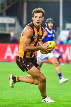 Finn Maginness keeps reappearing in the 23 selected Hawks despite some glaring deficiencies in his game, mostly to do with his decision-making with ball in hand and sometimes disastrous disposal by foot. He is just barely AFL-quality when playing a medium half forward role, but his real talent comes in following the opposition's best mid and clamping down on him no matter how hard he runs to escape the tag. Sam Mitchell can be reluctant to use an onfield spot for a stopper but, when Maginess is asked to be anything else, he can look like a weak link. A fringe roleplayer.