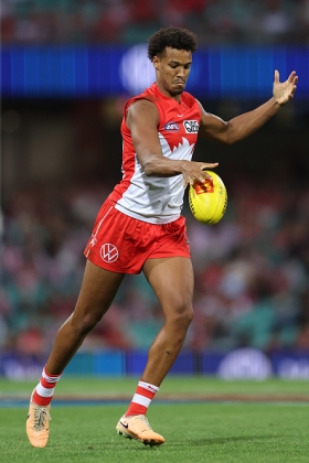 Joel Amartey is best known for booting a huge bag of nine goals in a massive win over Adelaide in 2024. Last season his star waned, however: a low-grade hamstring pull, a three match suspension then a high-grade hamstring meant he played only three games after round 5. Sydney has built its franchise since it move from South Melbourne on marquee forwards, and they recruited Charlie Curnow in the off season to try to fix what had been a sub-standard front six, leaving Amartey as a bit-part player unless he can find the sort of form he found against the Crows.