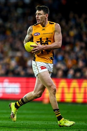 Josh Battle was one of two of the five first-choice Hawks to miss last week, and it showed that while Battle has a All-Australian jacket in his cupboard from his sterling work at centre half back, he can't help his new team much when Tom Barrass isn't behind him at full back and the midfield is getting belted. When the Hawthorn structure is set up around him, he can produce AA-quality games alternating between back-shoulder spoils, intercepts on the zone off and getting involved in slow-plays on rebound. His value is dependent on those around him enabling his best self.