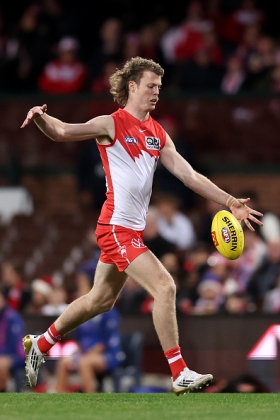 Nick Blakey has long since established a reputation for being one of the most damaging loose men in the AFL... if you leave him loose in defence. His line-breaking runs and quality disposal by foot inside 50 are a cheat code for the Swans to set up score after score, especially effective after midfield turnovers when the opposition is not set up to counter him. It takes a player with a particular set of skills to have the discipline to stay on the Lizard even when scoring opportunities open up the other way. Only someone with the supreme endurance of Bradley Hill can go with him.
