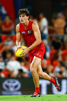 Oscar Adams is holding his place in the Gold Coast 23 despite probably thinking that he is behind Charlie Ballard in the depth chart for key defenders at the club. Like James Borlase at the Crows and Buku Khamis at the Bulldogs, he might not get a game if the bloke he is nominally replacing was fit and in top form. For now, Adams like those other two is the sort of depth player who won't let the team down, filling out the structure and playing his part without having much of a direct influence on the outcome of the game. As such, coaches love his type.