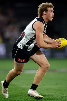 Angus Anderson arrived on the Collingwood list as a mature-aged player at a time when the club was spending most of its energy honouring old greats who had lost a yard. With Steele Sidebottom and Jack Crisp mostly coming off wings and flanks these days, and games record holder Scott Pendlebury rested often, there is room in the inside midfield for the likes of Anderson, even though he starts forward. He has assumed the mid/forward role previously filled by Beau McCreery, who tends to stay forward these days. Still yet to realise his full potential at AFL level.