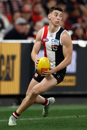 Hugh Boxshall has come into the St Kilda senior side at an interesting time, as the club has not really bottomed out, and is now in the middle of a fight for a tenth spot in the newly-expanded finals series. Like most midfielders who come into a Ross Lyon team, his primary function is to run both ways, and he has had several learning experiences following star opposition mids this year already. Hugo Garcia and Marcus Windhager followed a similar apprenticeship trajectory and have grown into roleplayers; it remains to be seen what Ross the Boss wants Boxshall to become.
