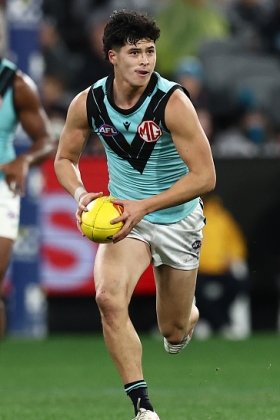 Josh Lai is listed at 185cm, making him a half back flanker in the modern game. So you'd think, but Josh Carr has had Lai lining up at the opening centre bounce in some games as a key defender. Carr has been cooking something this year with his selection policy, leaving Brandon Zerk-Thatcher in the SANFL and relying on the likes of Lai and Logan Evans to contest against much taller opponents, in the hope that they could off more on the rebound. Perhaps when Port gets more soldiers back from injury, Lai can concentrate on disposals more than spoils.